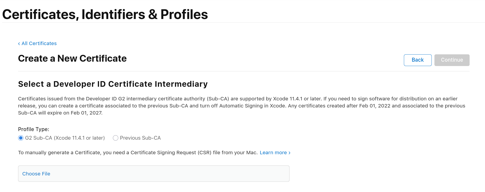 Apple Developer certificate creation screen
